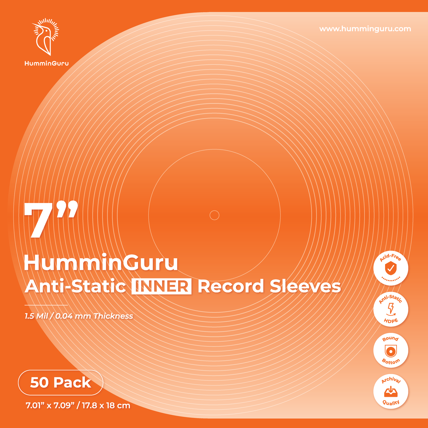 HumminGuru 7" Anti-Static Inner Record Sleeves (50 Pack) - HumminGuru