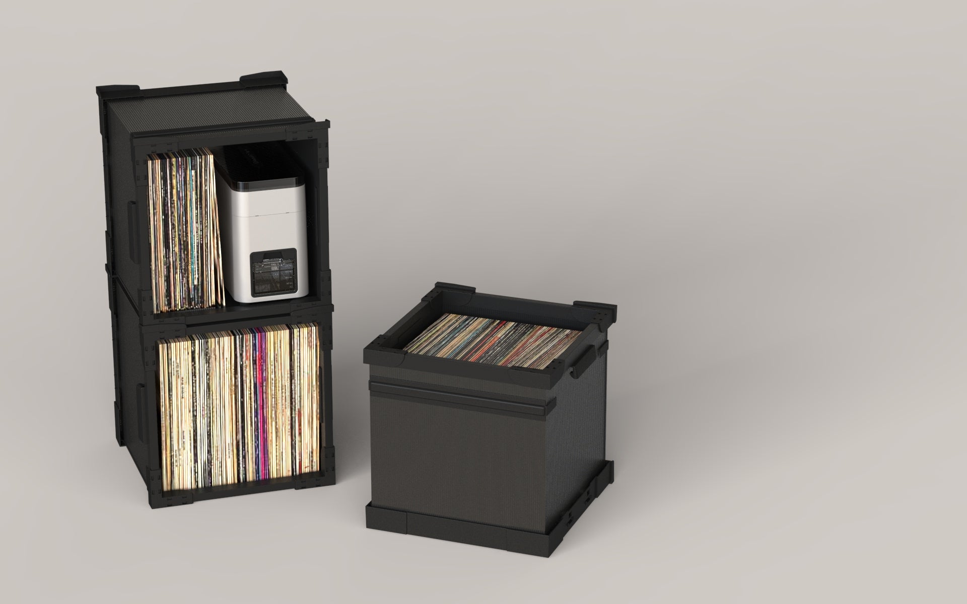 Black collapsible storage boxes with vinyl records on a gray background